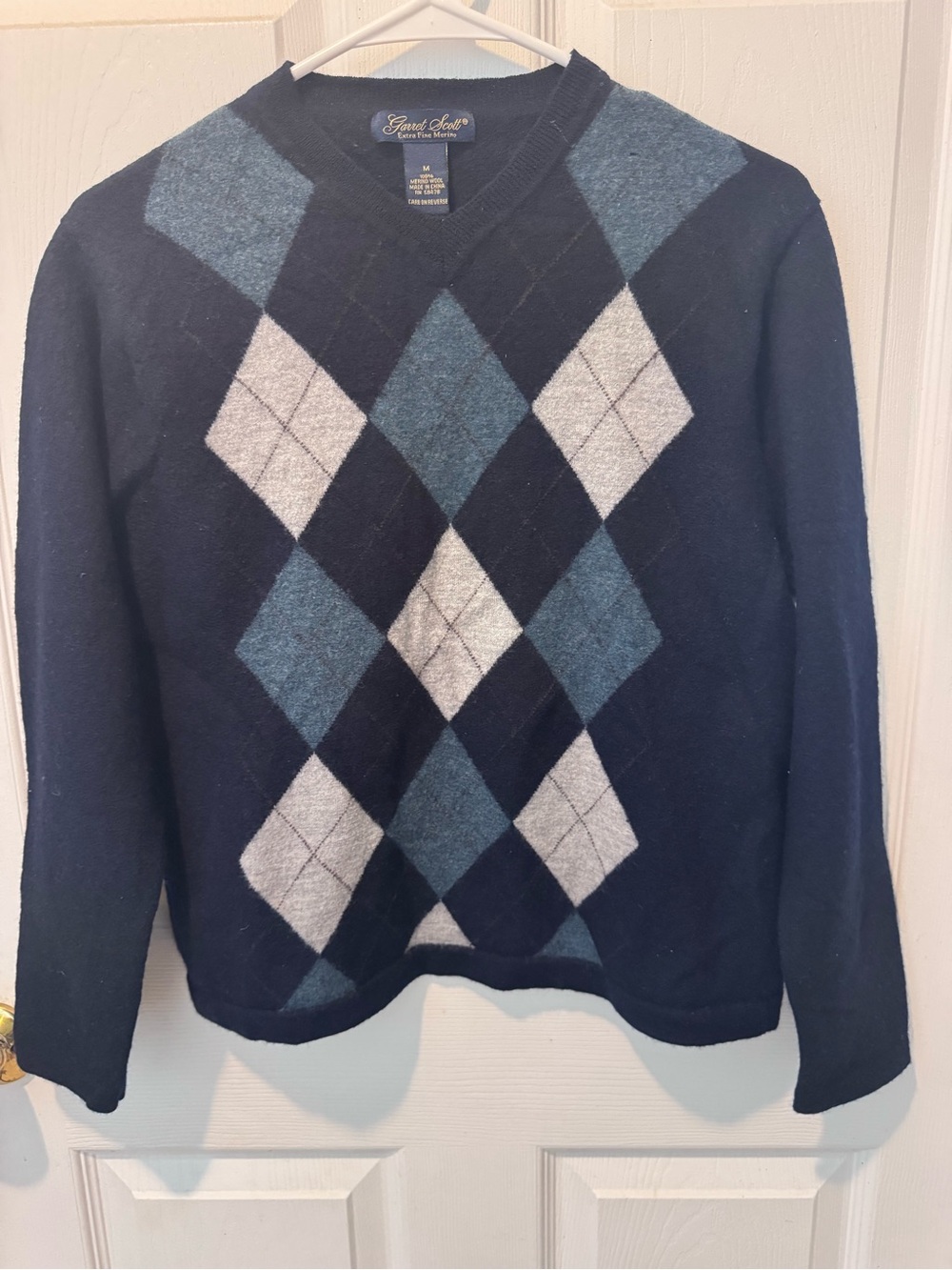 Garrett Scott Men’s Merino Wool Navy, Blue and Gray Argyle Crewneck Sweater-SZ M